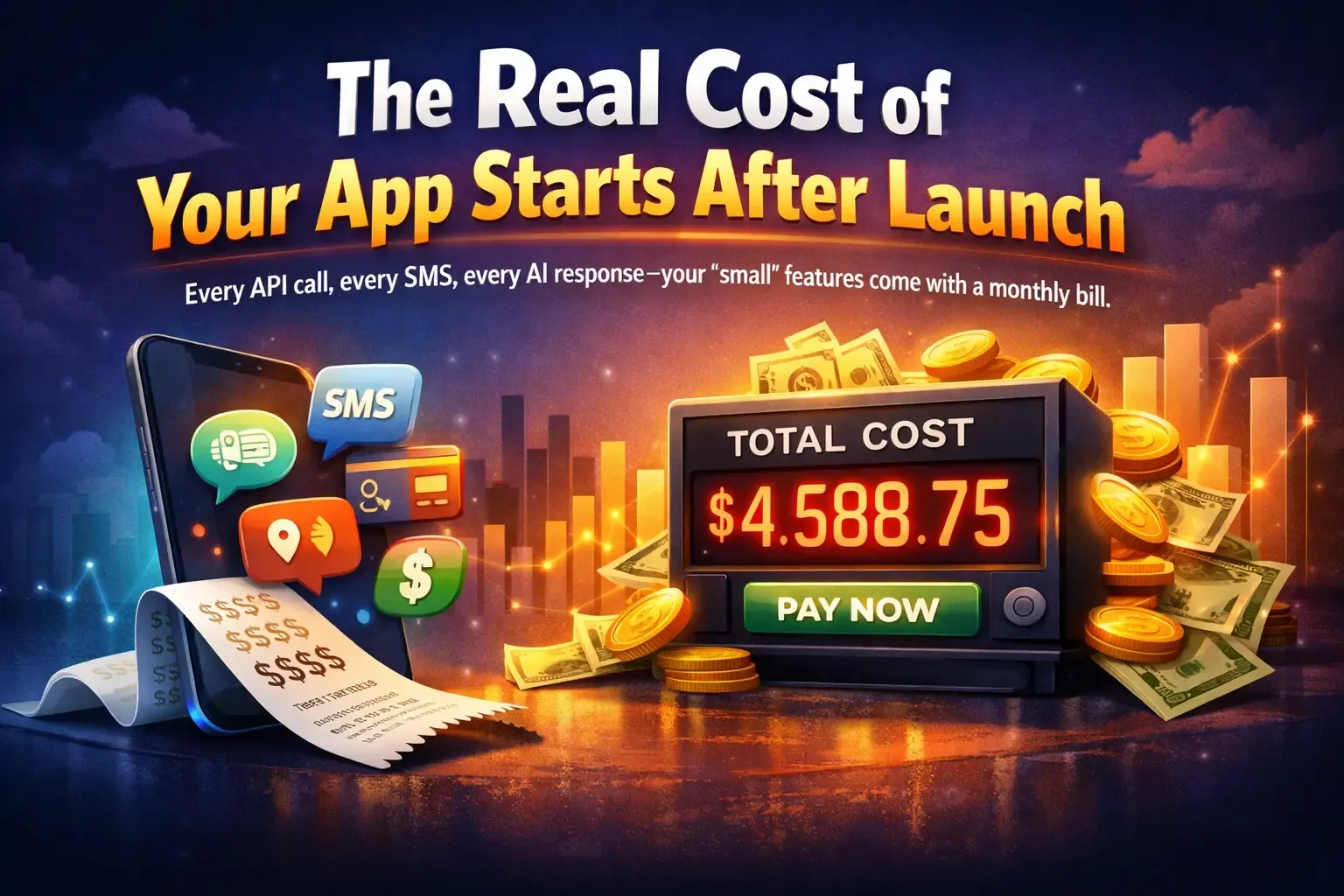 App development cost calculator banner showing a smartphone, checklist, budget estimates, calculator, coins, and the text App Development Cost Calculator